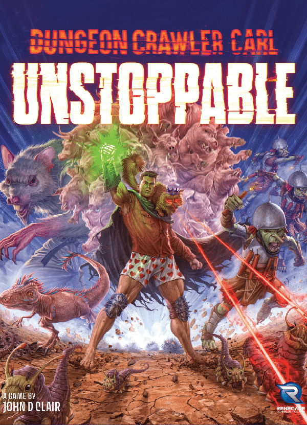 Cover of board game Dungeon Crawler Carl Unstoppable, depictinng a boxer-clad man and his cat who s shootinng lasers from her eyes, with gameplay development from Brieger Creative