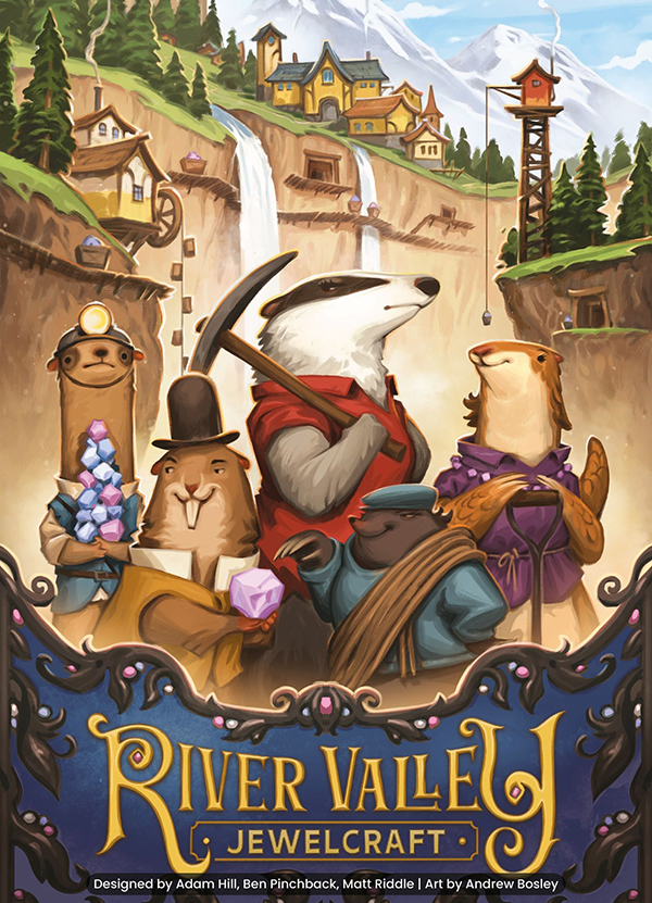 cover of River Valley Jewelcraft board game, published by Allplay, depicting cute mountain animals holding colorful gems