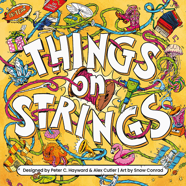 Cover of Board Game Things on strings, depicting cartoon objects on pieces of yarn, developed by Brieger Creative